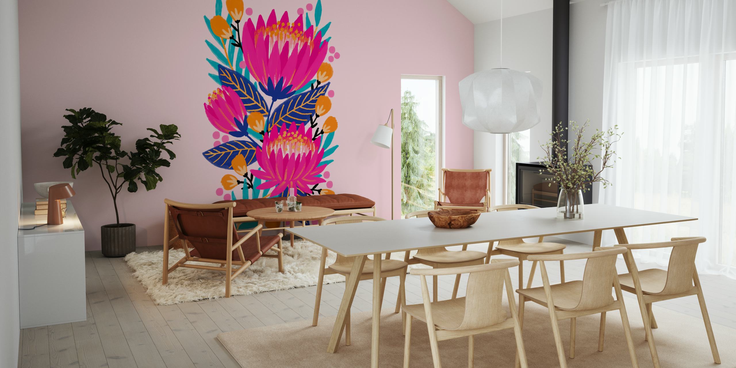 Colorful pink proteas flowers with green leaves wallpaper
